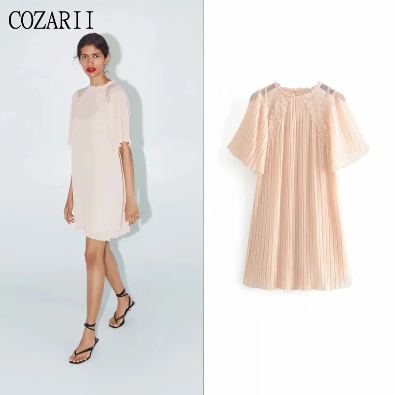 

COZARII women solid fashion lace pleated dress half sleeve O-neck collar casual basic ladies casual style dresses female vestido