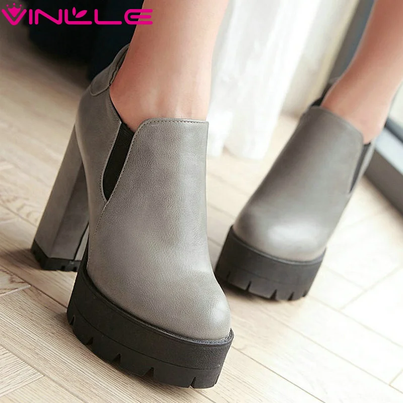 

VINLLE Women Boots Square High Heel Western Style Slip-on Ankle Boots solid Round Toe Platform Ladies Boots Size 34-43