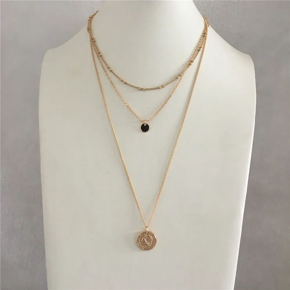 

TRENDY GOLD COLOR ROUND DISC AND COIN PENDANT LAYERED NECKLACE FOR WOMAN GIRL