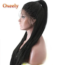 Oxeely мини-косички синтетические парики на шнурках спереди Черный Цвет Длинные плетеные волосы часть с Детские волосы термостойкие для женщин