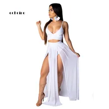 Echoine Women Two Piece Set Sexy Low Cut Spaghetti Straps Sleeveless Crop Tops Backless Semi-Transparent High Split Long Skirts spaghetti straps string high cut two piece swimsuit
