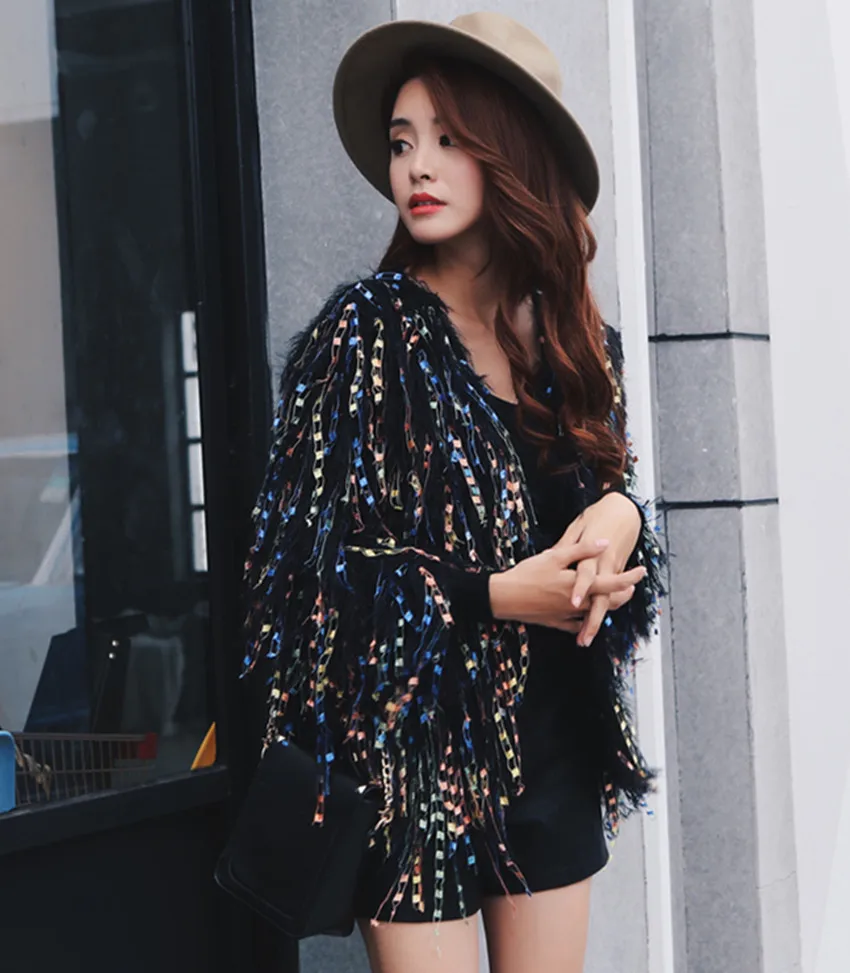 

HAMALIEL Colorful Furry Knitted Tassel Cardigan Fashion Autumn Women Handmade Fringed Open Stitch Shaggy Loose Sweater Outerwear