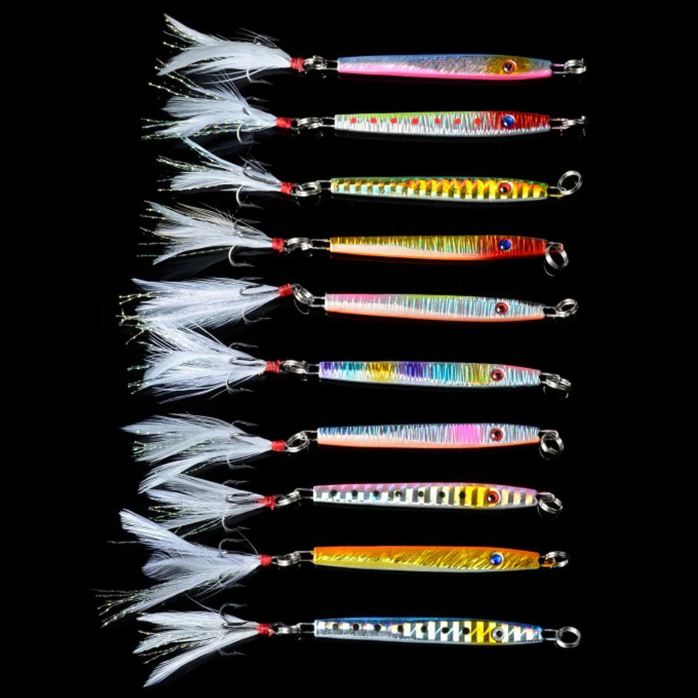 

10pcs 5.6cm 10.9g Artificial Fishing Lures Lead Fish Slice Jig Bait VIB With Feather Hooks