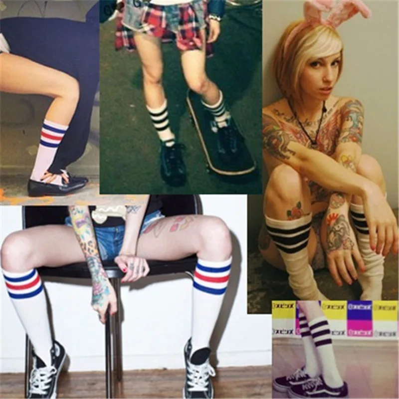 

Women Socks Cotton 3 Three Stripes Cotton Student Socks Funny Novelty Fashion Harajuku Skateborad Knee Socks School Hiphop SW106