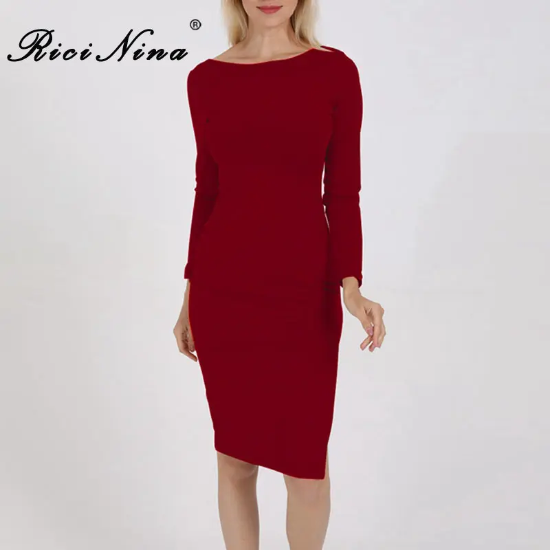 RICININA 2019 Women Backless Dress Woman O-Neck Long Sleeve Slit Knee-Length Dress Vestidos Ladise Spring Sexy Bodycon Dresses
