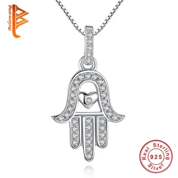 

BELAWANG 925 Sterling Silver Lucky Hamsa Hand & Heart Pendants Necklace for Women New Fashion Long Necklace Wedding Jewelry