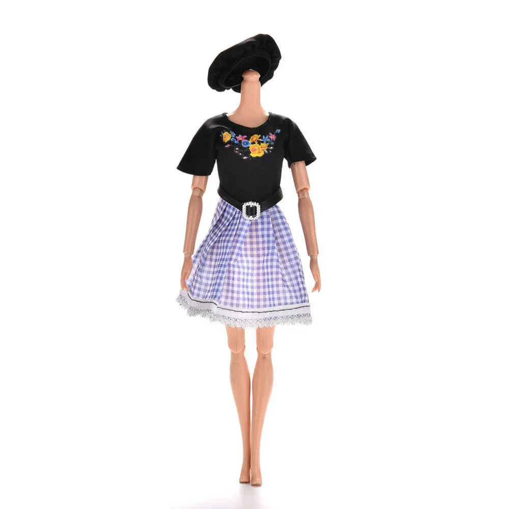 

TOYZHIJIA Fashion Doll Clothes Set Summer Short Sleeve Flower Plaid Print Dress Doll Clothing For Barbie 1set=1 dress+1 Cap