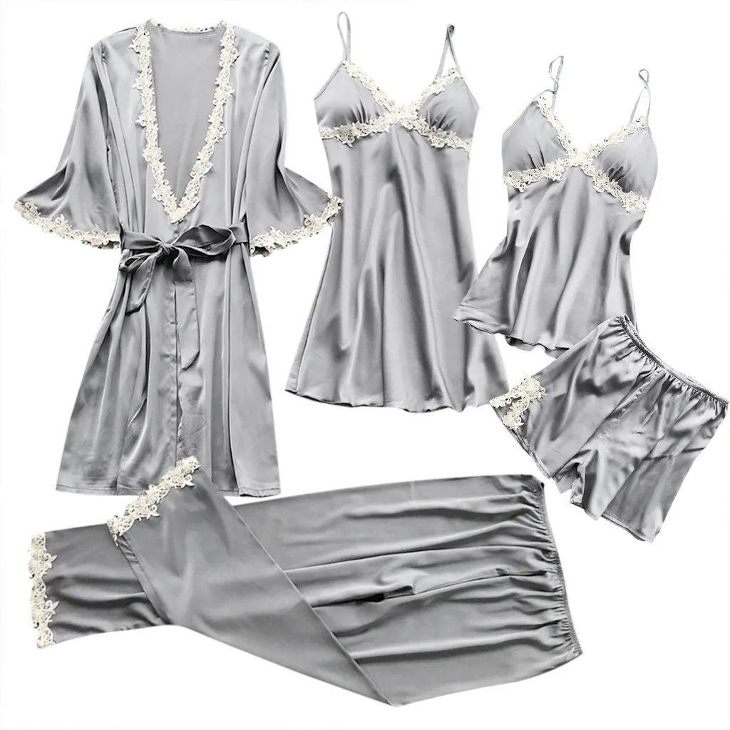 Women Satin Sexy pajamas Lace Lingerie Nightwear Underwear Babydoll Sleepwear Dress 5PC Suit pyjamas women sexy lingerie - Color: Gray