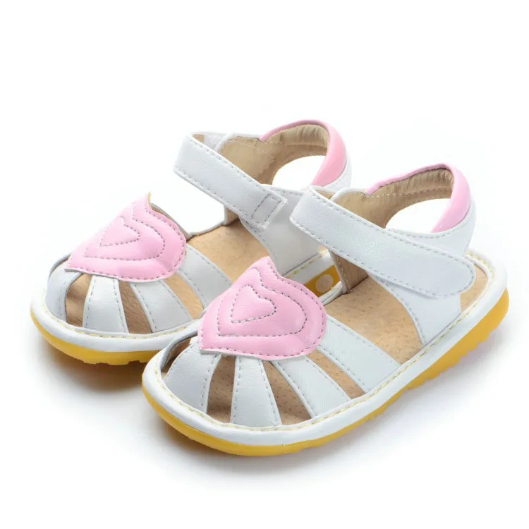 Baby Girl Closed Toe Sandals White with Pink Heart Soft Leather Squeaky