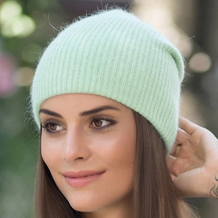 Женские осенне-зимние шапки-бини из кроличьего меха для женщин, шапки-бини, толстые вязаные теплые повседневные Шапки - Цвет: Зеленый
