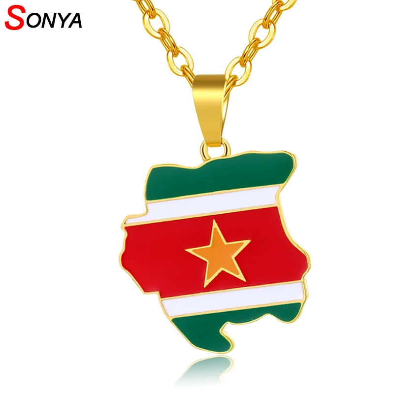 

SONYA Suriname Map & Flag Necklaces For Women/Men Jewelry Gold Color Sranan Charms Pendant Sarnam Jewelry Gifts Bijoux Femme