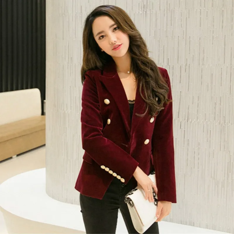 Brand New Fashion Spring Autumn Women Black Slim Velvet Blazer Jacket Wine Red Double Breasted Simple Lady Blazers OL Clothing