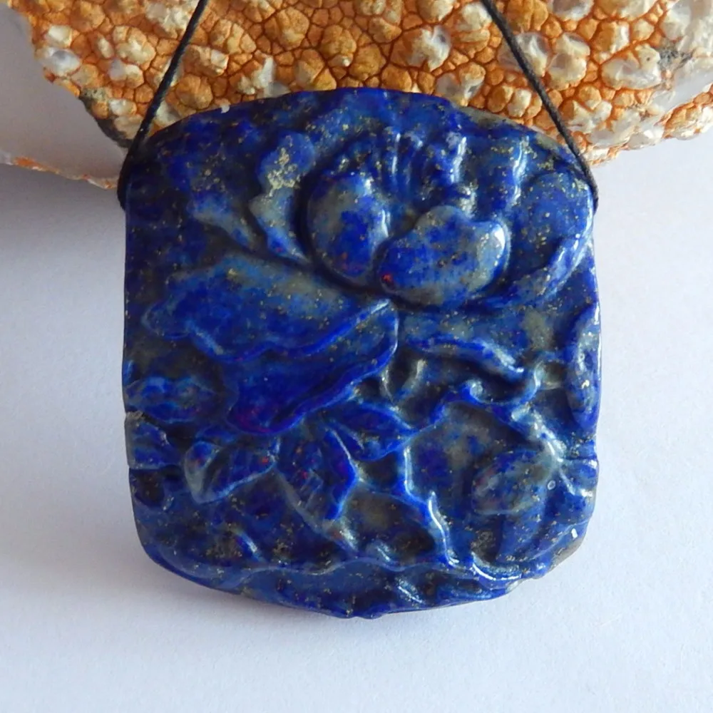 

Carved flower,Lapis Lazuli,Gemstone pendant bead,40x35x9mm,22.9g