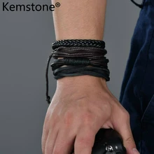 Kemstone хип-хоп панк кожа черного цвета с многослойным покрытием Обёрточная Бумага браслет ювелирные изделия Для мужчин подарок