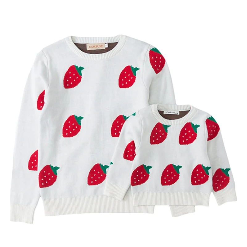 

Mom Daughter Sweater Family Matching Sweater Strawberry Printed Knit Pullovers Mother and Daughter Clothes Outfits