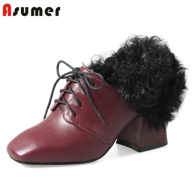 

ASUMER HOT 2018 fashion fur pumps women genuine leather square toe thick high heel lace up spring autumn shoes