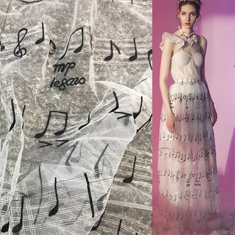 

1Yard Music Symbol Embroidered Mesh Lace Cloth Fabric African French Lace Fabrics Tulle Mesh Lace Party Dress Clothing Craft