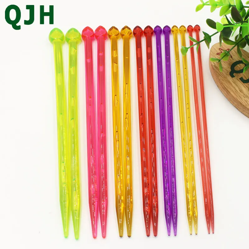 

QJH Brand 14pcs/set Multicolor High Quality Plastic Crystal Knitting Needles Weaving Tools Acrylic Needle For Scarf Sweater 26cm