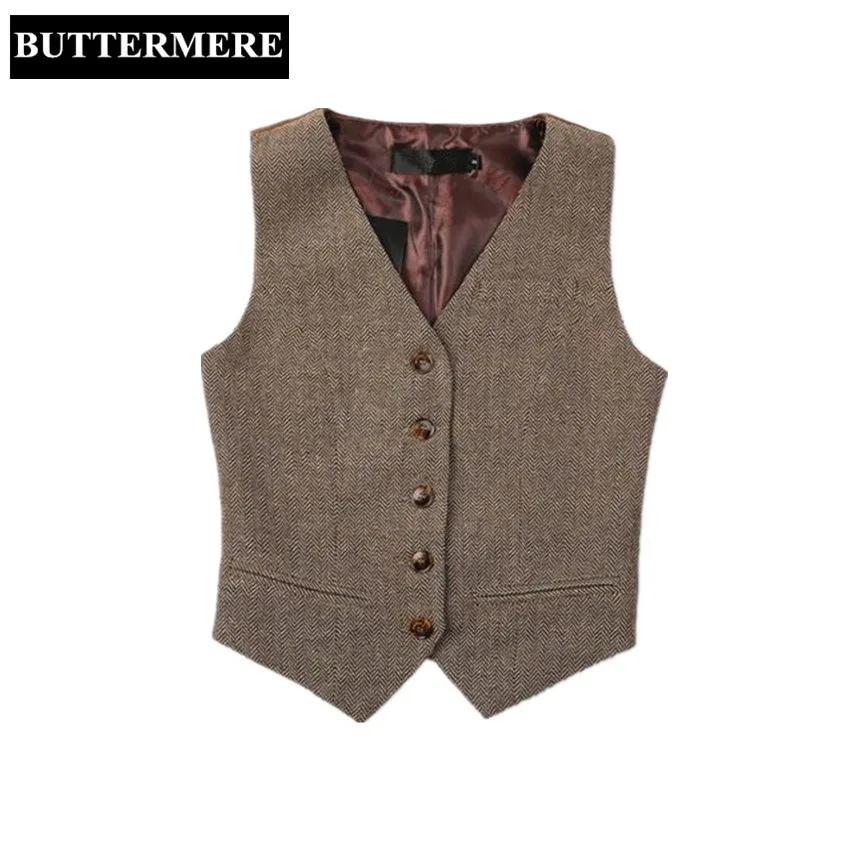 Women Suit Vest Woolen Suede Waistcoat V Neck Herringbone Chalecos Mujer Spring Ladies Waistcoat Khaki Gray Vintage Veste Femme
