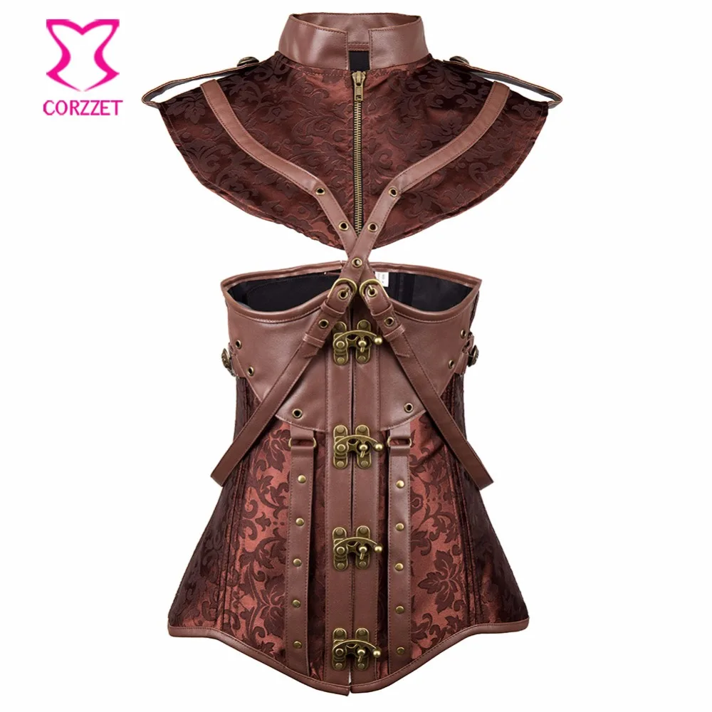 Brown Zipper Collar Jacket Gothic Underbust Corset Steampunk Clothing Corsets And Bustiers Plus Size Vintage Burlesque Costume