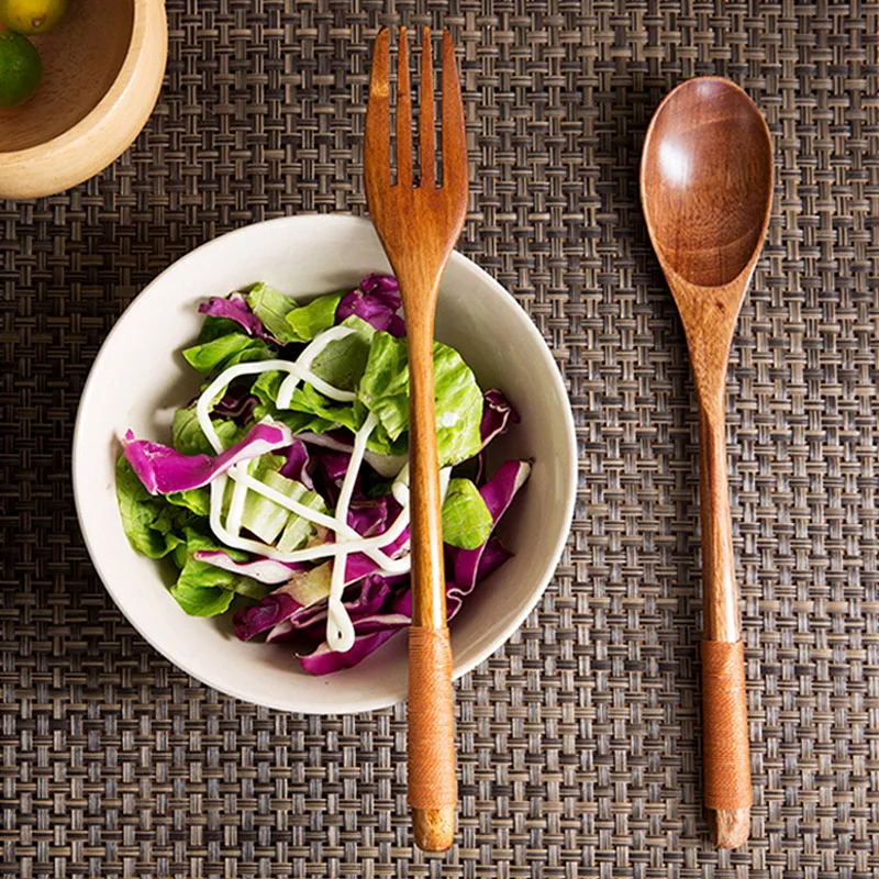 Set of 2 Wooden Spoon Fork Set Long Handle Japanese Style Wood Soup Spoon Dinner Salad Fork Kids Outdoor Cutlery Kitchen Utensils (2)