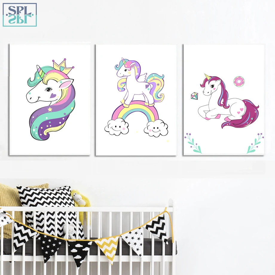 

SPLSPL Nordic Style Kids Decoration Unicorn Cute Cartoon Animals Canvas Art Oil Painting for Living Room Wall Picture No Framed