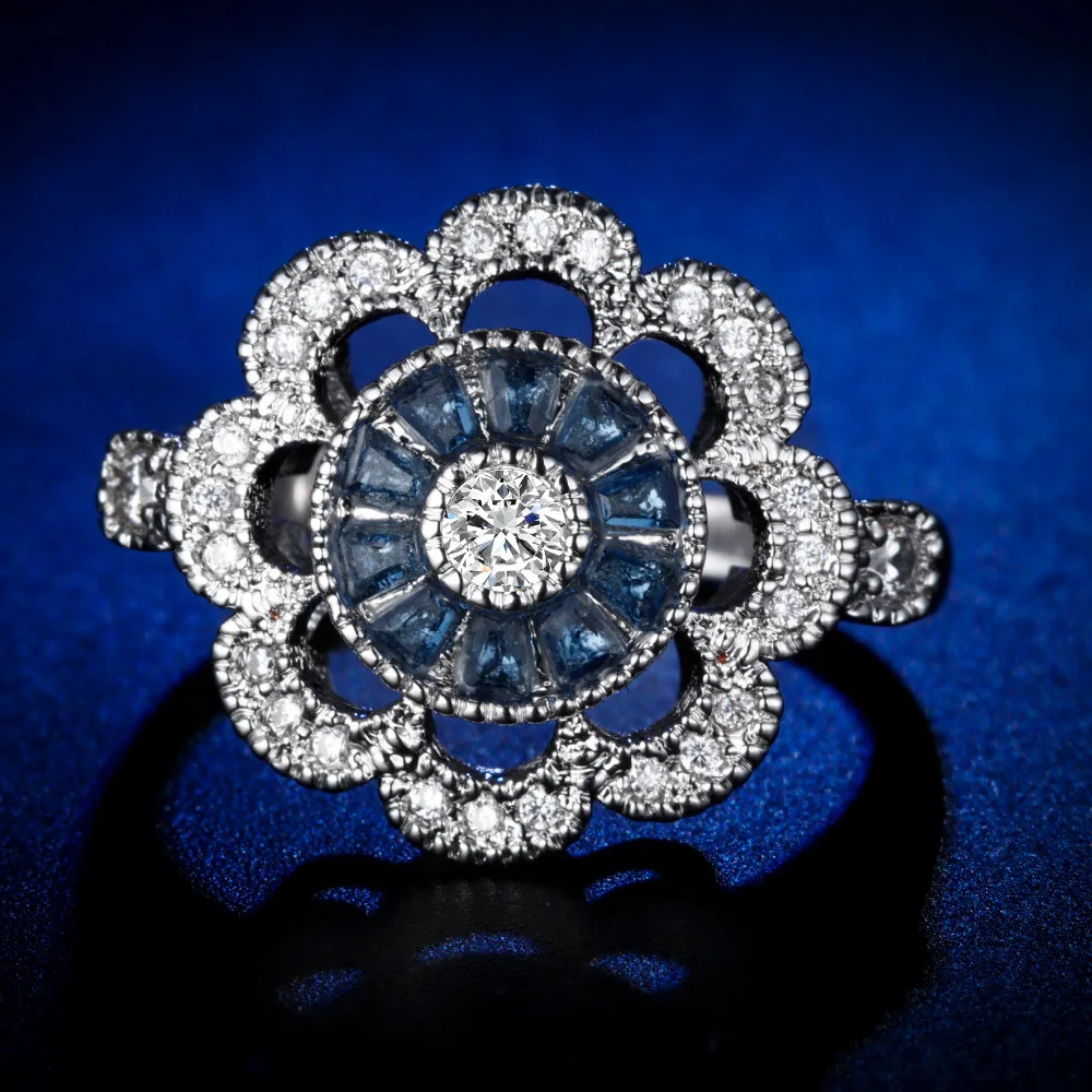 

Original Design Handmade cz unique style Sapphire sunflower Ring blue Cubic Zirconia Hot Ins sterling silver 925
