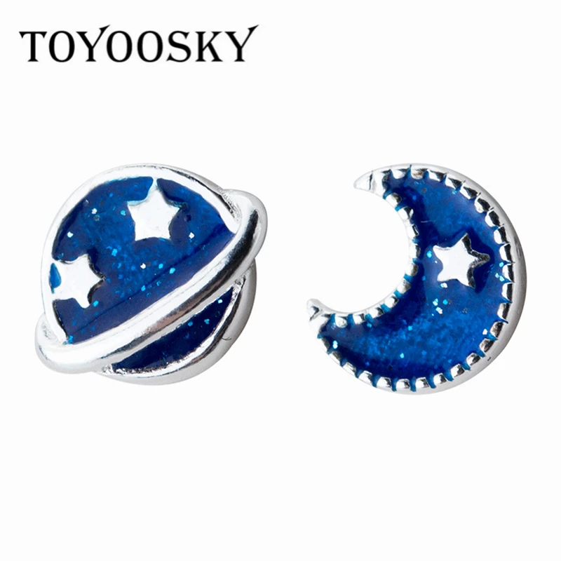TOYOOSKY, стиль, Голубая Эмаль, луна, звезда, ассиметричные серьги-гвоздики, 925 пробы, серебро, короткое, модное ювелирное изделие
