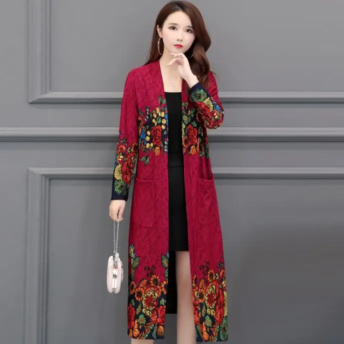 Rose Red Большие размеры, XL-5XL, Свободный кардиган, вязаная куртка, женская мода, повседневная, строчка, принт, снаружи, винтажная, длинная шаль, пальто CK279 - Цвет: Rose Red
