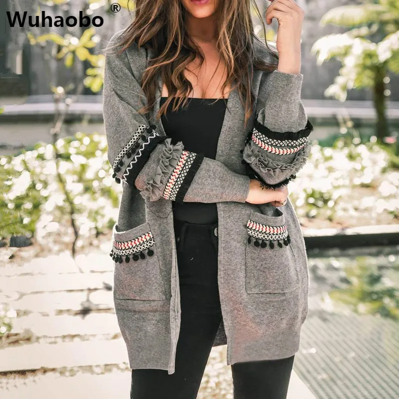 

Wuhaobo Plus Size Knitted Tassel Long Cardigans Vintage Sweater AutumnLong Sleeve Ethnic Coat Women Loose Sweater Outerwear 3XL