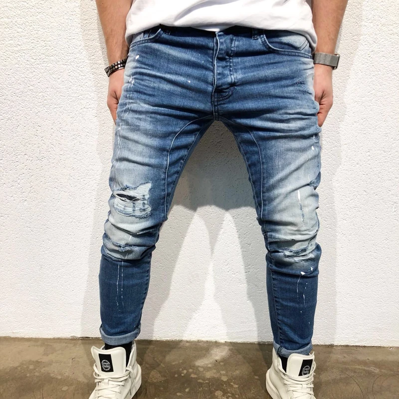 

NEW fashion 2019 men's hole jeans blue Hip-hop slim men jean