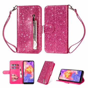 

100pcs/lot Glitter Zipper bag 3 card+photo frame leather skin cover case for Huawei Ascend P20 P20 lite P20 pro P30 lite pro
