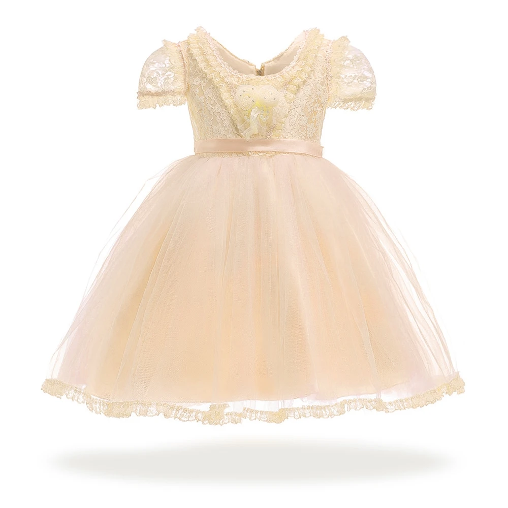 

Free Shipping Knee Lenght 4T-12T Girl Party Dress 2019 Arrival Champagne Child Dresses Pageant Short Sleeves Kids Evening Gowns