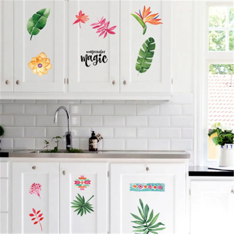 Nordic зеленый лист Уолл Стикеры Home Decor муур s Гостиная Офис завод листья настенные