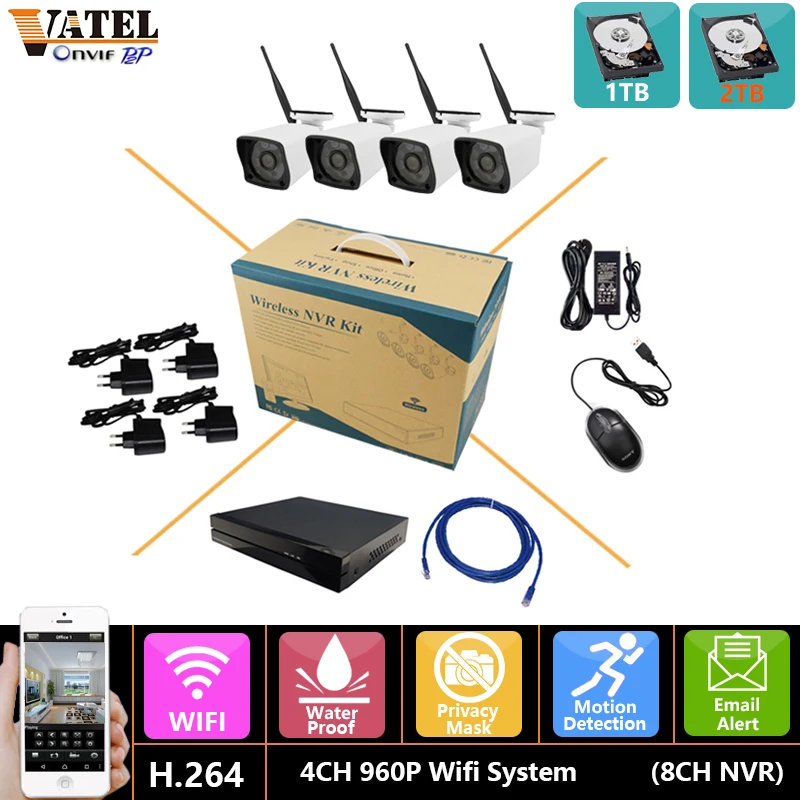 VATEL CCTV system 960p 4pcs wireless wifi ip camera onvif p2p waterproof camera wifi KIT 8ch 1080p nvr kit with 2tb hard disk
