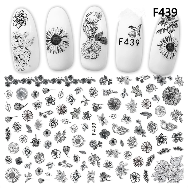 

YWK 1 Sheet Nail Art Sticker Flower Stripe Design 3D Adhesive Laser Metallic Slider Decor Nail Decal Manicure