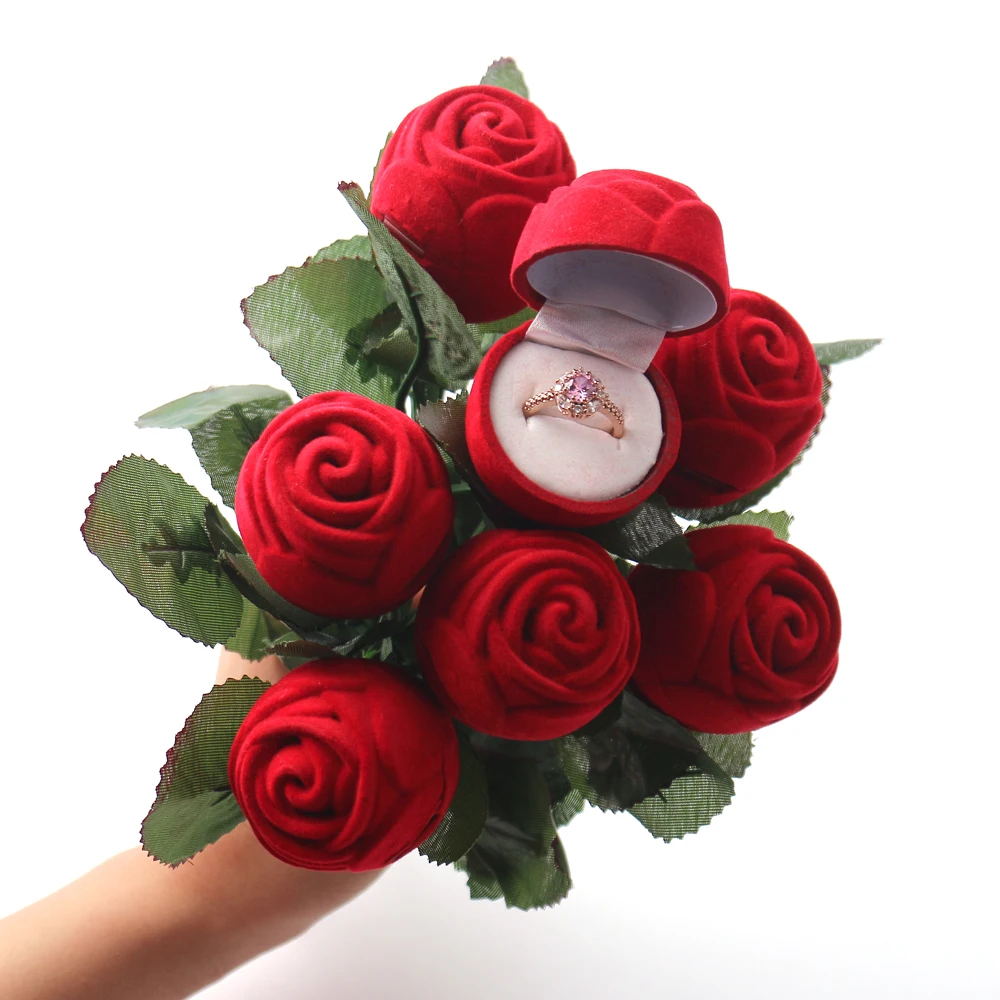 Free Shipping Red Rose Ring Box Velvet Wedding Valentines Gift Box