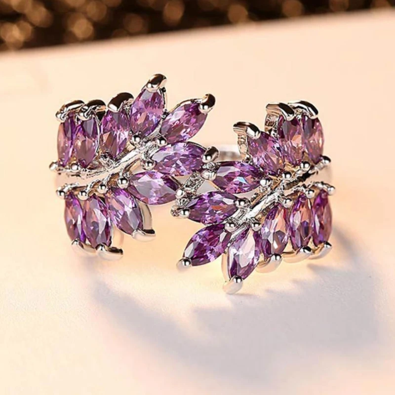 

Luxurious Purple Zircon Silver Color Engagement wedding Rings High quality Creative leaves Full CZ cute ring size 6-9 Bague Anel