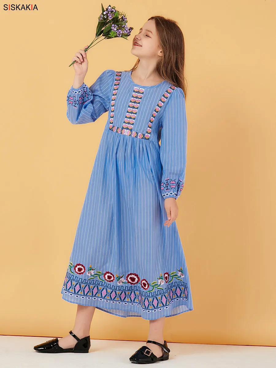 Mother and Daughter striped Embroidery Long Dress Muslim Parent Child Girl Casual Dresses Long Sleeve Plus Size Autumn Blue