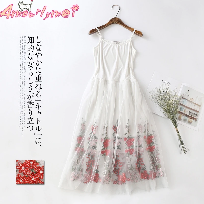 

Mori Girl Summer Dress Women Sexy Sleeveless Spaghetti Strap Patchwork Mesh Embroidery Lace Dress Party Dresses Vestidos Female
