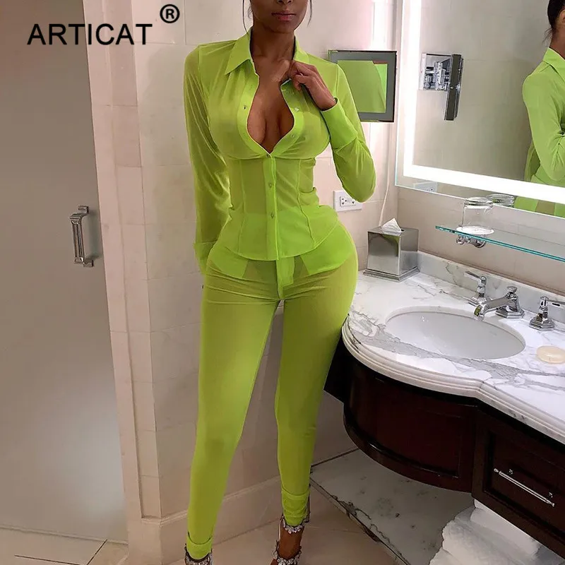 

Articat Mesh See Through Sexy Jumpsuit Women Long Sleeve Buttons Summer Rompers Skinny Pencil Pants Two Piece Set Women Outfits