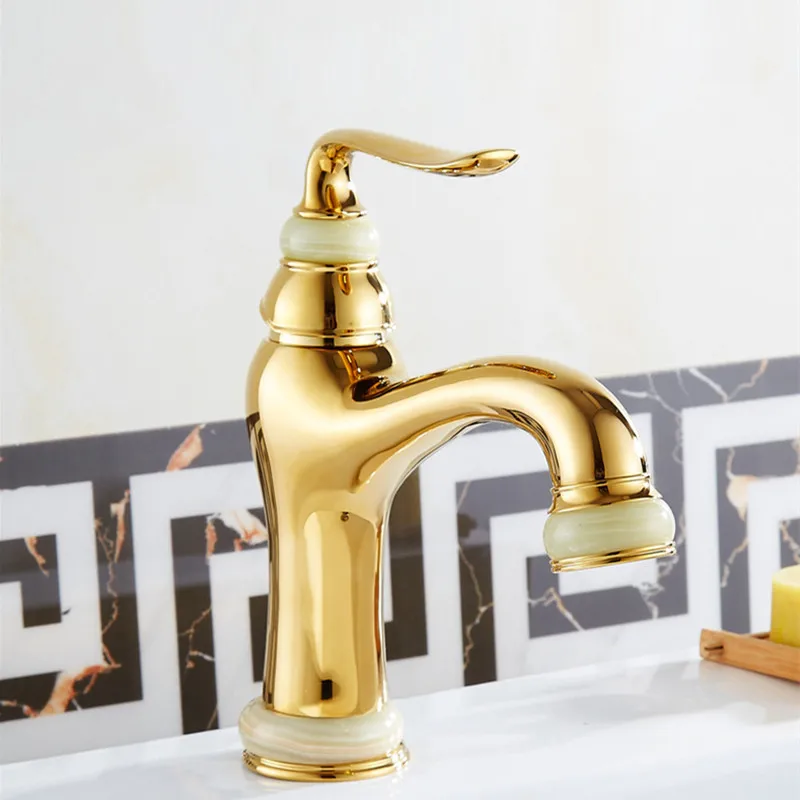 Free Shipping Promotion jade stone gold basin mixer tap with new design single handle golden bathroom basin water faucet photo