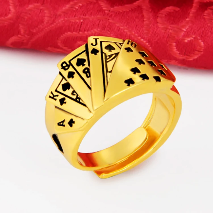 New No Fade 24k Sand Gold Rings for Men Personality Poker Designer Open Rings India Jewelry