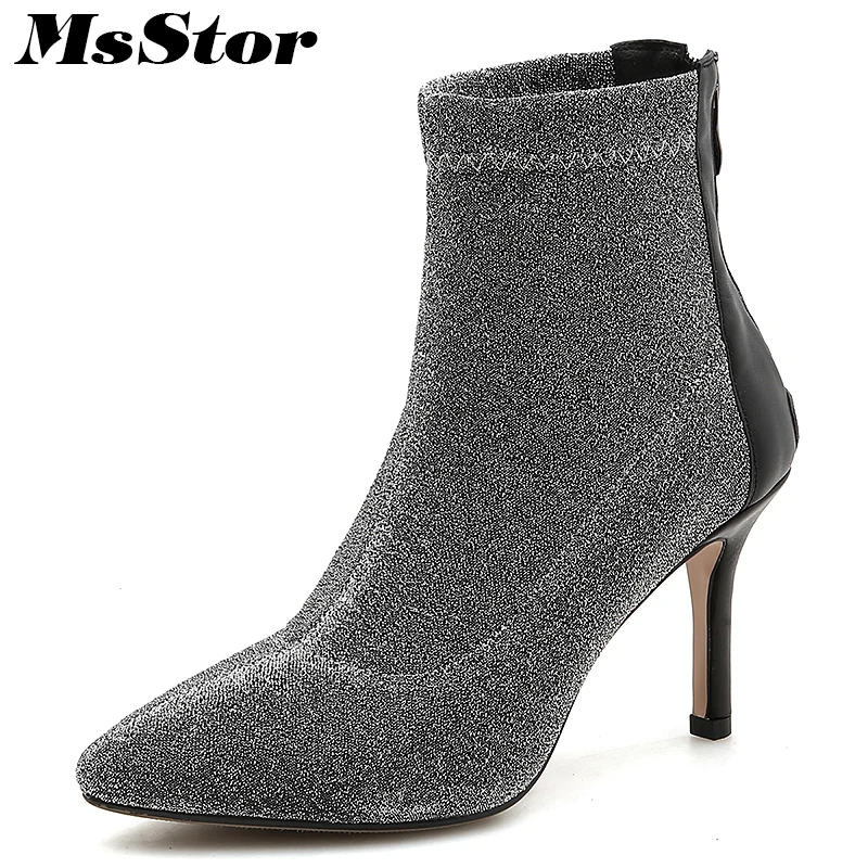 

MsStor Pointed Toe High Heel Boots Women Shoes Fashion Metal Zipper Ankle Boots Shoes Woman Elegant Thin Heels Women Boots Shoes