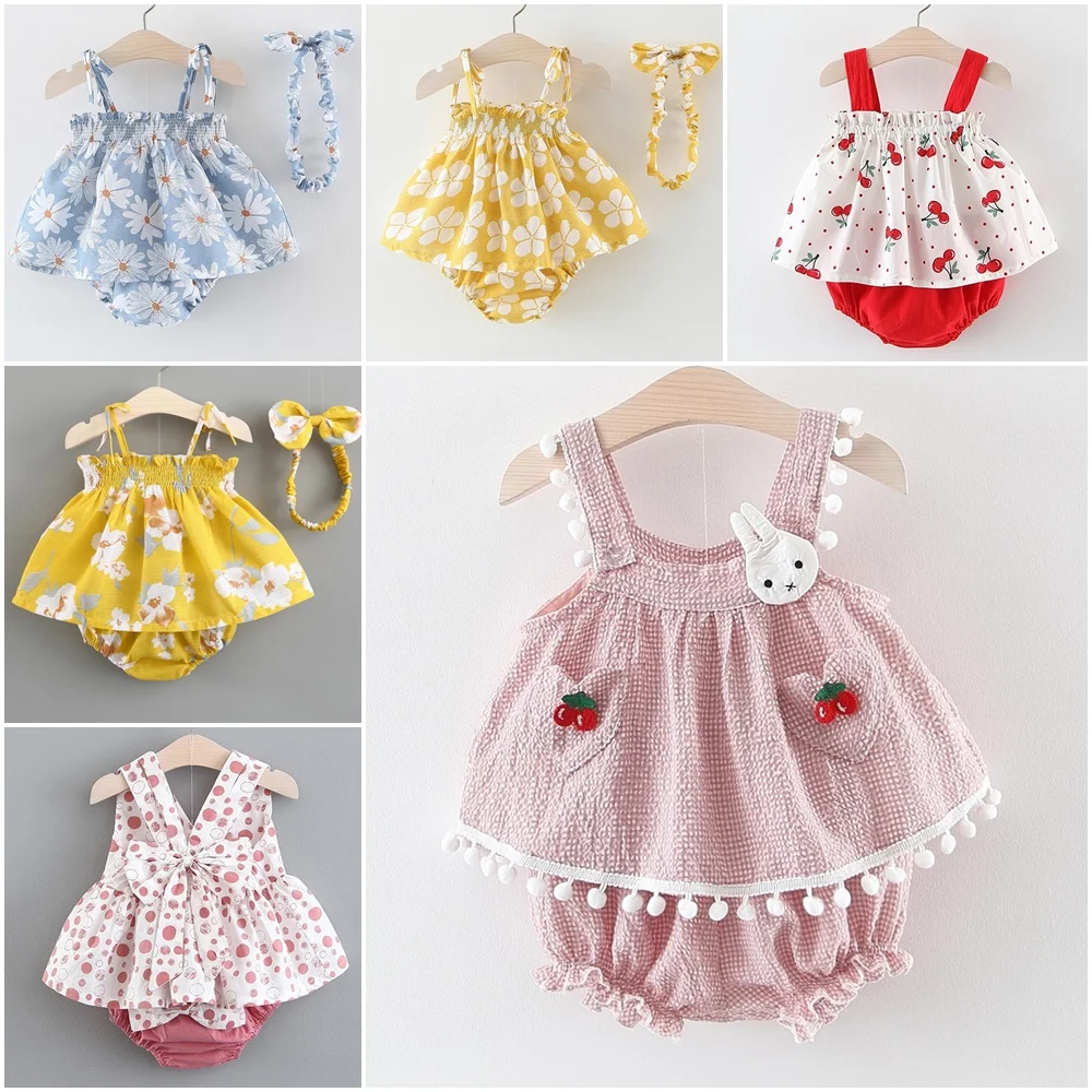

Newborn Baby Girls Clothes Sleeveless Dress+Briefs 2PCS Outfits Set Cherry Floral Printed Clothing Sets Summer Sunsuit 0-24M