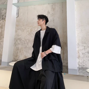 

Men Short Sleeve Big Pockets Black White Casual Shirt Coat Cardigan Male Streetwear Hip Hop Loose Shirts Jacket Outerwear