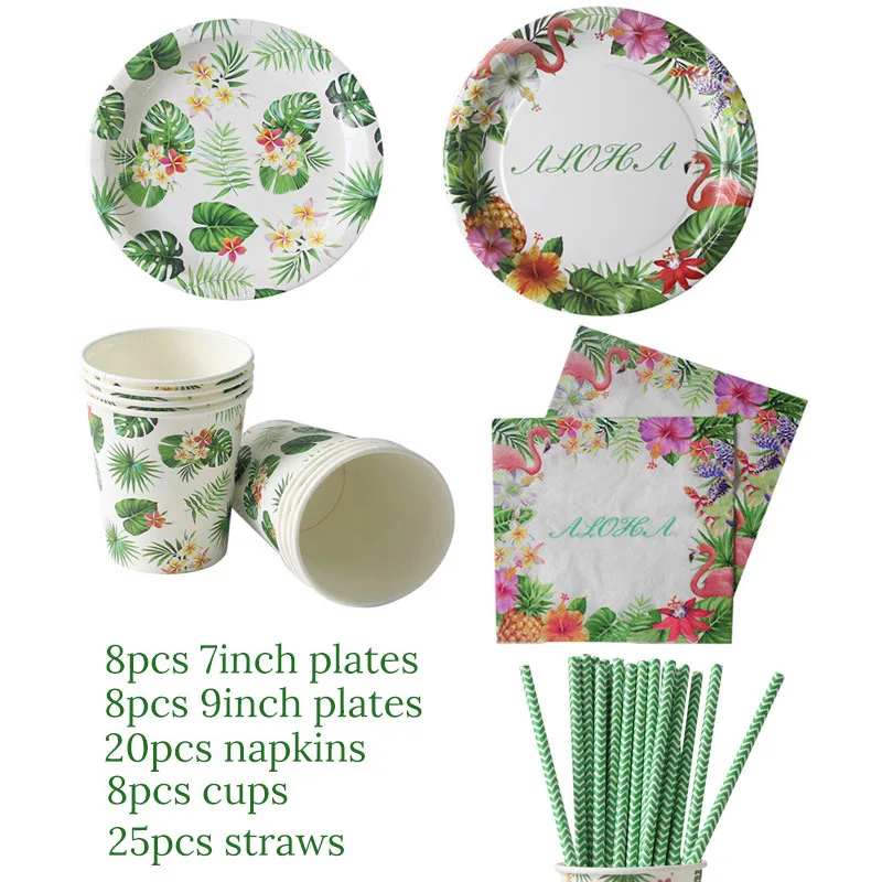 

69Pcs Aloha Hawaii Theme Party Disposable Cup Plate Napkin Straw Kit Tropical Party Green Birthday Disposable Tableware Supplies