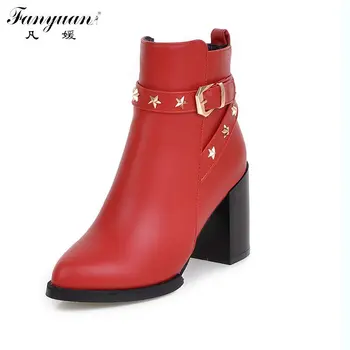 

Fanyuan Brand 2017 Autumn Women Boots Zipper Pointed Toe Platform Middle Heel Ankle Fashion Boot Plus Size 33-43 With 3 Colors