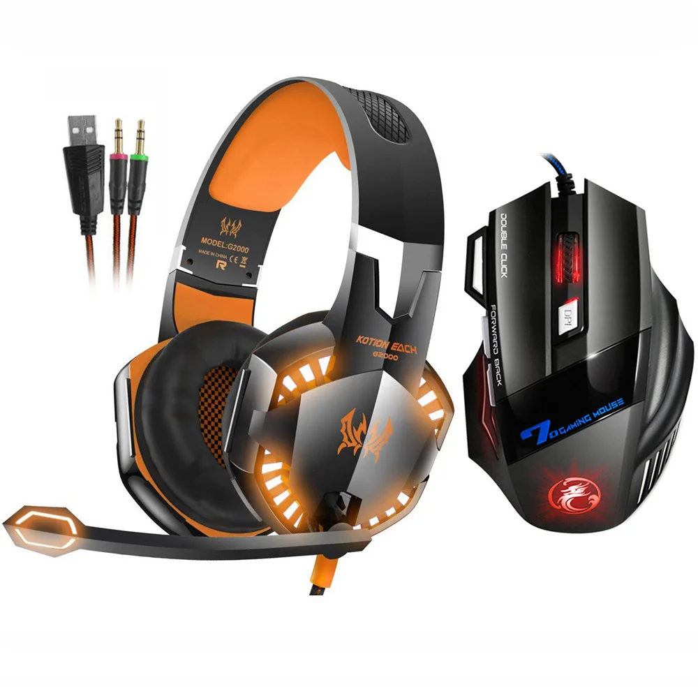 buy EACH G2000 Stereo Gaming Headset Deep Bass Headphone with Mic LED Light+7 Buttons 5500 DPI USB Gaming Mouse Game Mice for Gamer