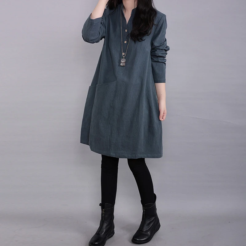 Cotton Linen Women's Long Sleeve Dress Ladies Solid Casual Loose Party Dress New